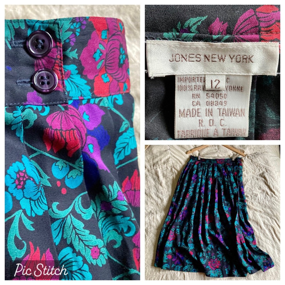 Vintage Jones New York Women 12 Pleated Black w/ Floral Bohemian Full Midi Skirt
